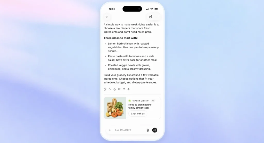 Mobile app with recipe suggestions displayed